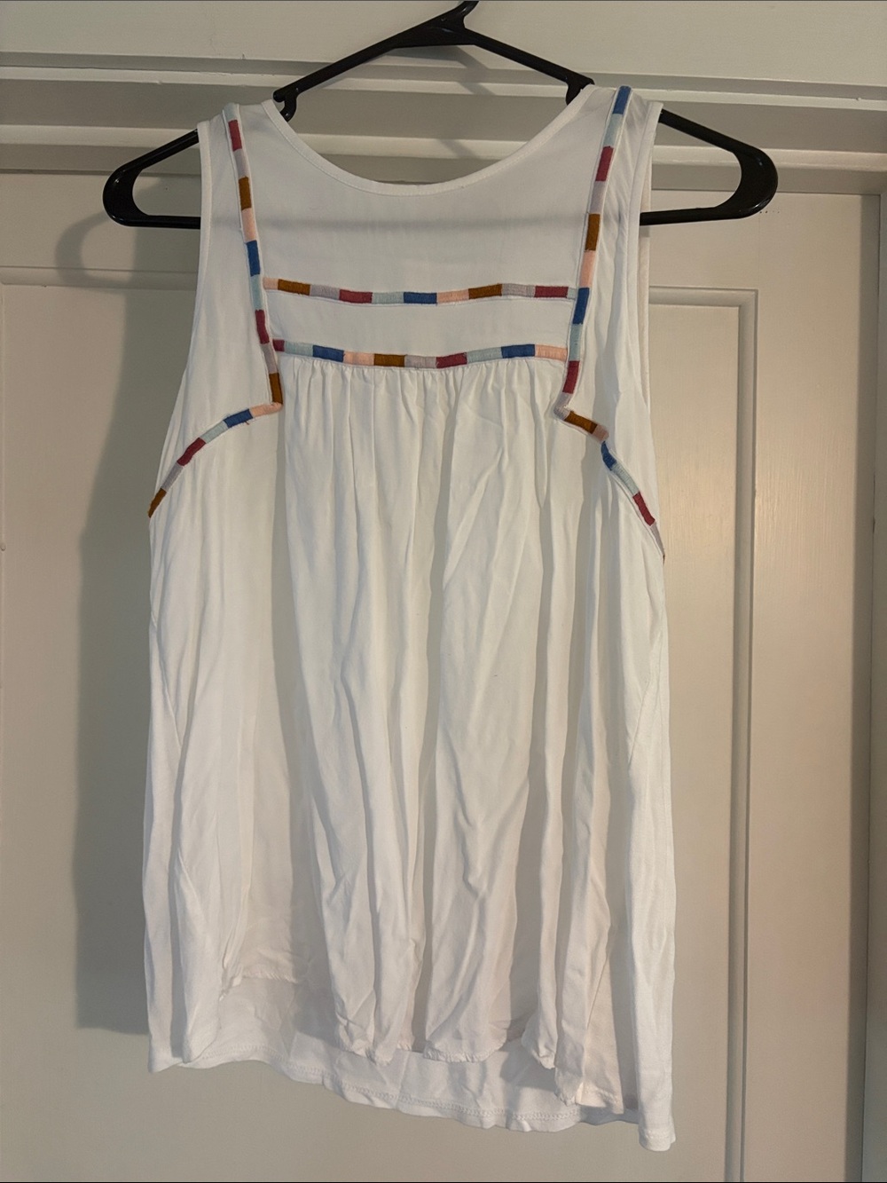 LOFT White Sleeveless Tank with Multicolor Embroidered Trim